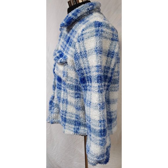 Blair Womens Medium Blue White Plaid Sherpa Snap Front Fuzzy Jacket - Picture 5 of 10